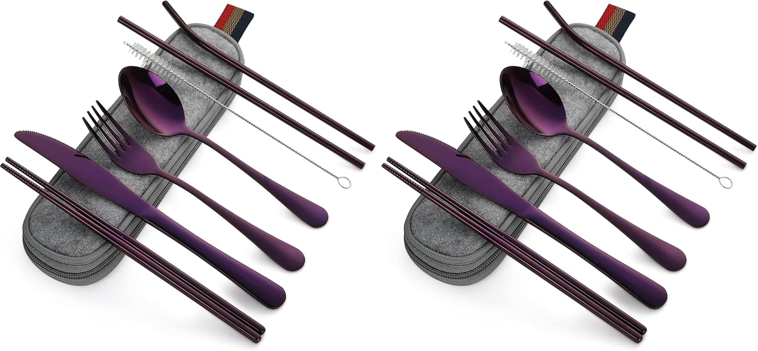 DEVICO Portable Utensils, Travel Camping Cutlery Set, 8-Piece including Knife Fork Spoon Chopsticks Cleaning Brush Straws Portable Case, Stainless Steel Flatware set (Purple) (Pack of 2)