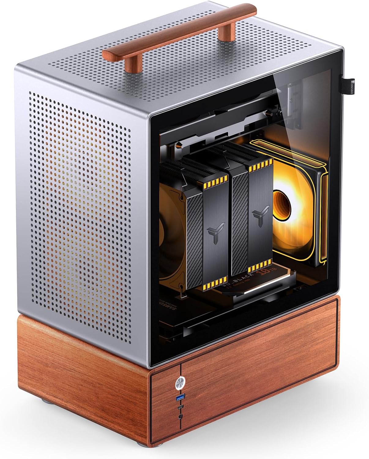 JONSBO T7 Silver Micro ATX PC Case, Aluminum Chassis, with Multifunctional Handle, Solid Wood Veneer Desktop Computer Case, MB:MicroATX/ITX,GPU 280mm,PSU ATX 220mm,Place on The Left Silver