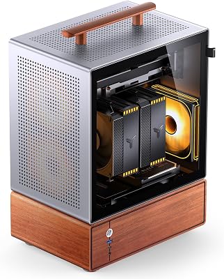 JONSBO T7 Silver Micro ATX PC Case, Aluminum Chassis, with Multifunctional Handle, Solid Wood Veneer Desktop Computer Case, MB:MicroATX/ITX,GPU 280mm,PSU ATX 220mm,Place on The Left Silver