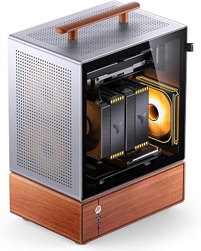 JONSBO T7 Silver Micro ATX PC Case, Aluminum Chassis, with Multifunctional Handle, Solid Wood Veneer Desktop Computer Case, MBMicroATX/ITX,GPU 280mm,PSU ATX 220mm,Place on The Left Silver