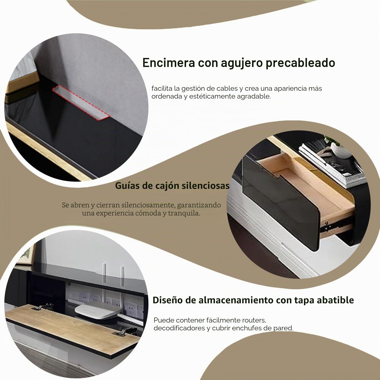 Mueble de TV Colgante de Madera Maciza, Estante Flotante Moderno con 2 Cajones, Orificios para Cables, Bordes Redondeados, Salón Dormitorio (A Negro, 140CM)