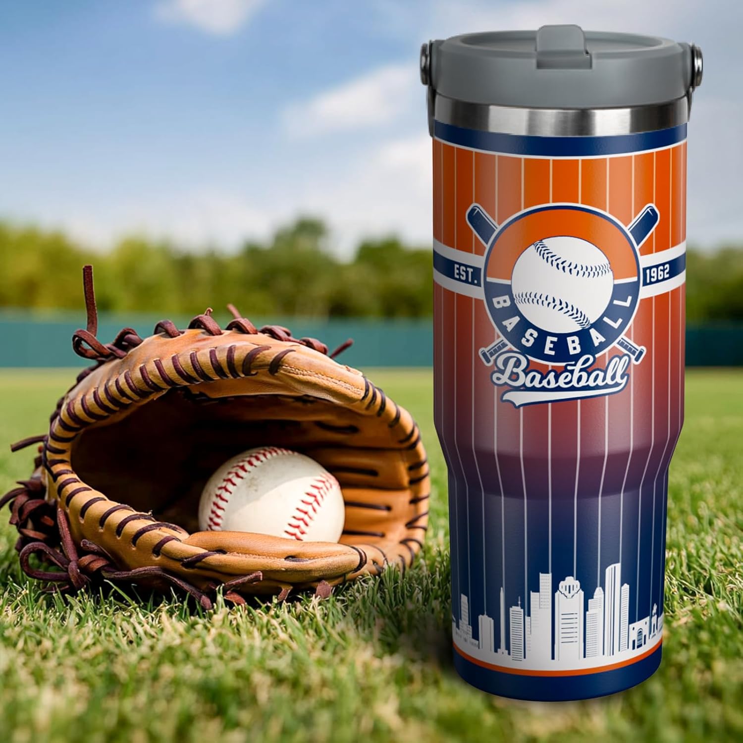 30oz Houston Tumbler with Handle and Straw, Houston Gifts for Men, Stainless Steel Vacuum Insulated Flip Straw Spill Proof Travel Mug Cup（1 Piece）