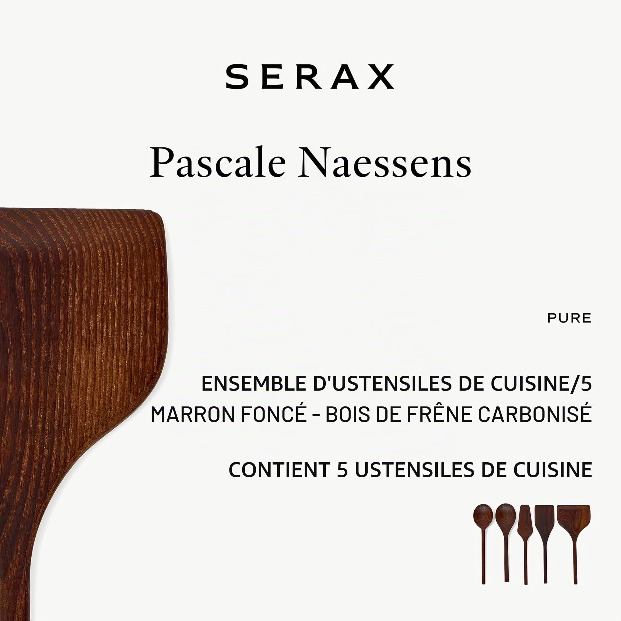 Serax set d’ustensiles de cuisine en bois Pure – lot de 5 pièces | 3 spatules et 2 cuillères | Collection Pure par Pascale Naessens | ustensiles pour cuisson et service