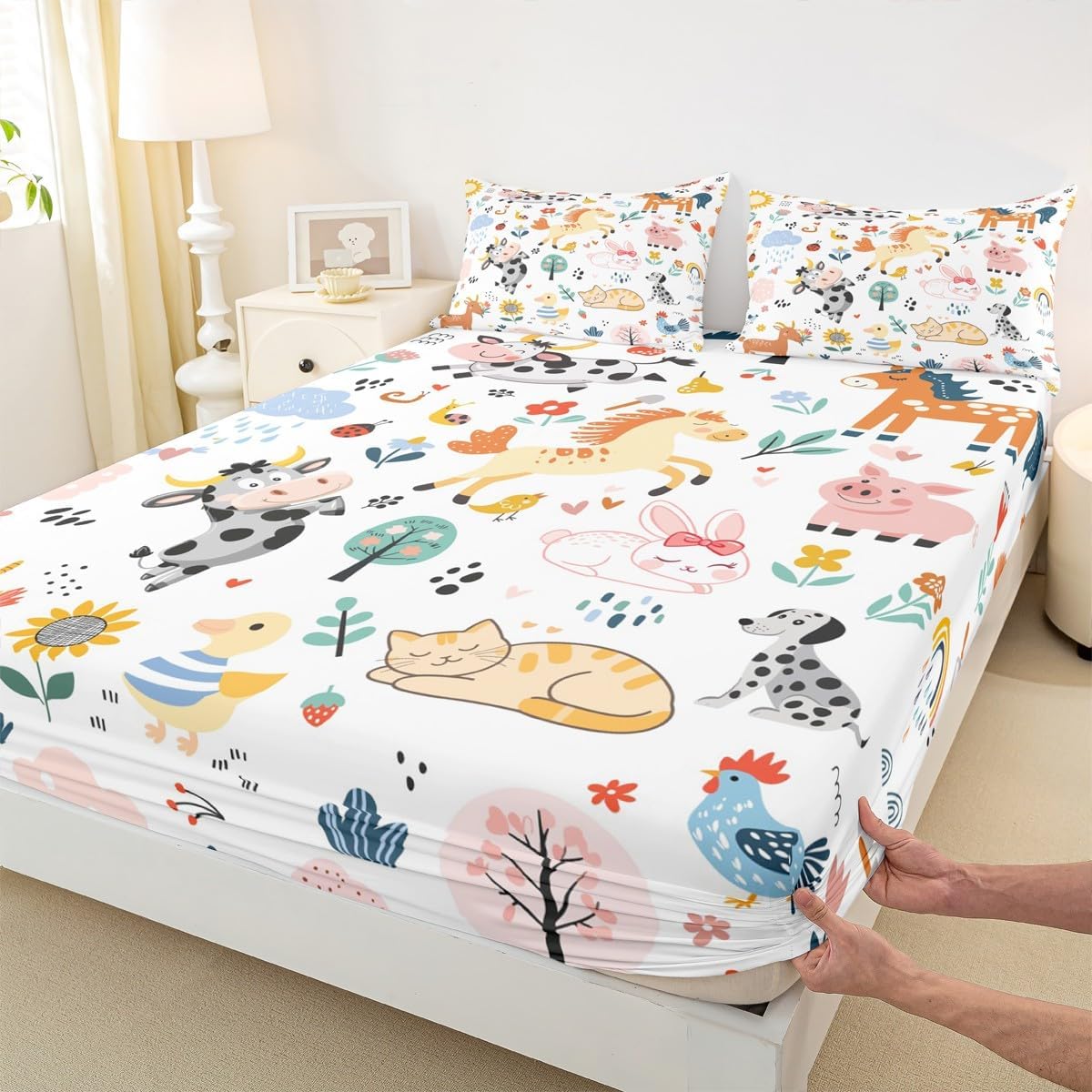 Erosebridal Kawaii Bedding Set Farm Animal Fitted Sheet for Kids Toddler,Cartoon Horse Pig Rabbit Dog Cat Duck Sheep Cute Sheet Set Rainbow Boho Floral Bed Cover Queen,Cock Snail Kawaii Room Decor