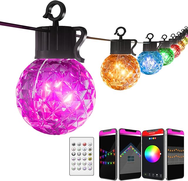 Popotan Globe String Lights Smart APP Control 5M 25 G40 Led Bulbs 20 Modes RGB Colour Changing Garden Patio Lights with Dimmer Timer Music Sync IP65 Waterproof Mains Powered for Indoor Outdoor Decor
