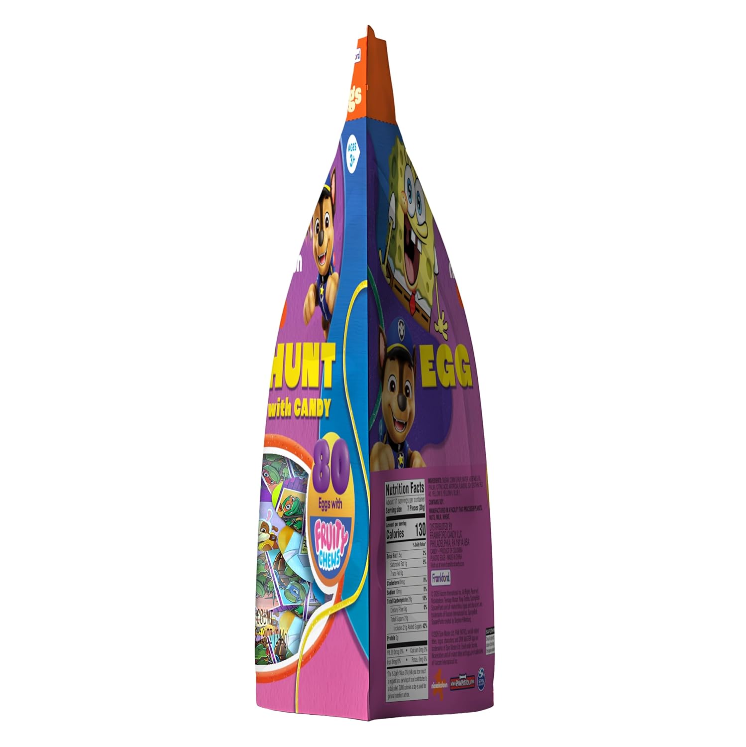 Frankford Nickelodeon Pre-filled SpongeBob SquarePants, Teenage Mutant Ninja Turtles, and Paw Patrol Bulk Plastic Egg Easter Basket Stuffers with Fruit Chew Candy, 80 Count