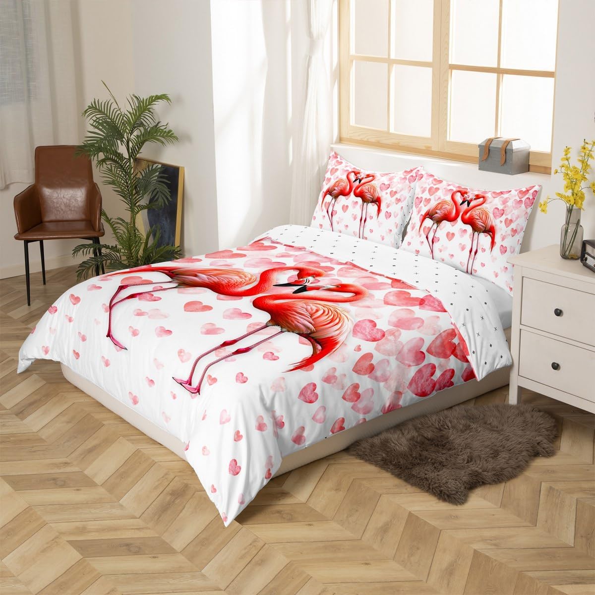 jejeloiu Flamingo Duvet Cover for Kids Boys Girls Toddler Size Tropical Flamingo Print Bedding Set Ultra Soft Animal Decor Comforter Cover Set Bird Love Heart Print Bedspread Cover,No Comforter