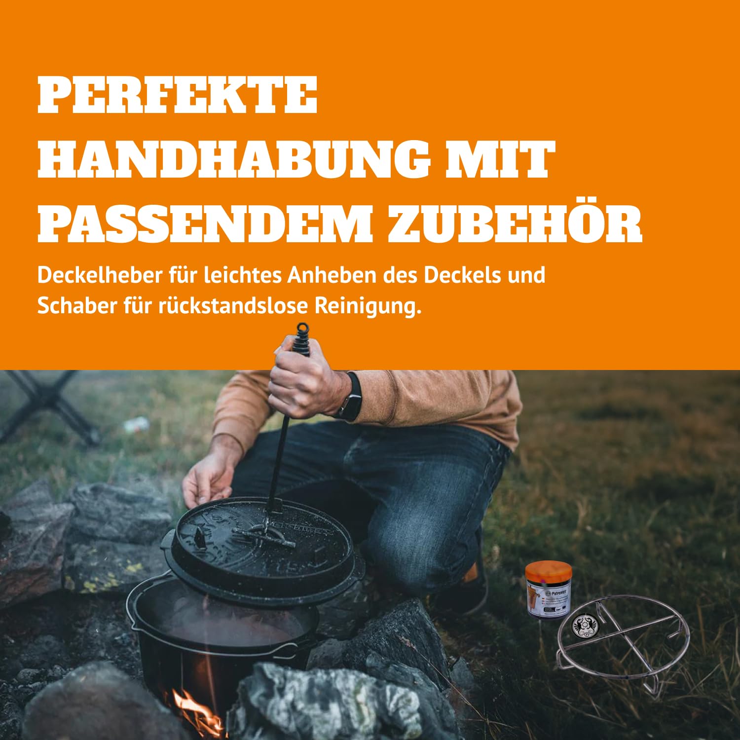 Petromax Feuertopf ft3 Einsteiger-Set - Dutch Oven mit Standfüßen inklusive Deckelheber, Pflegepaste und Untersetzer - für alle Grillarten und offenes Feuer - 1,6 Liter