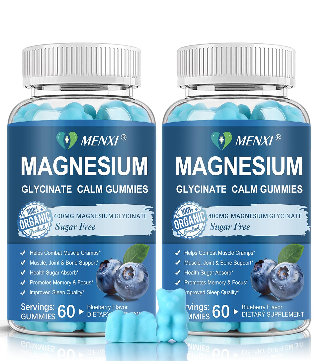 Magnesium Gummies 600mg per Serving-Magnesium Glycinate 400mg and Magnesium Malate 200mg,Sugar Free Magnesium Potassium Supplement for Calm Mood, Muscle, Bone & Energy Support,120 Blueberry Gummies Blueberry 120 Count (Pack of 1)