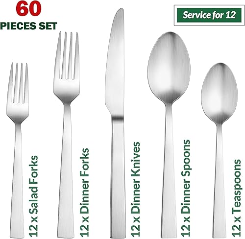 Miniatura 2 de E-far - Juego de cubiertos mate de 60 piezas, de acero inoxidable, para 12, cubiertos de metal, incluye tenedores, cucharas, cuchillos, borde