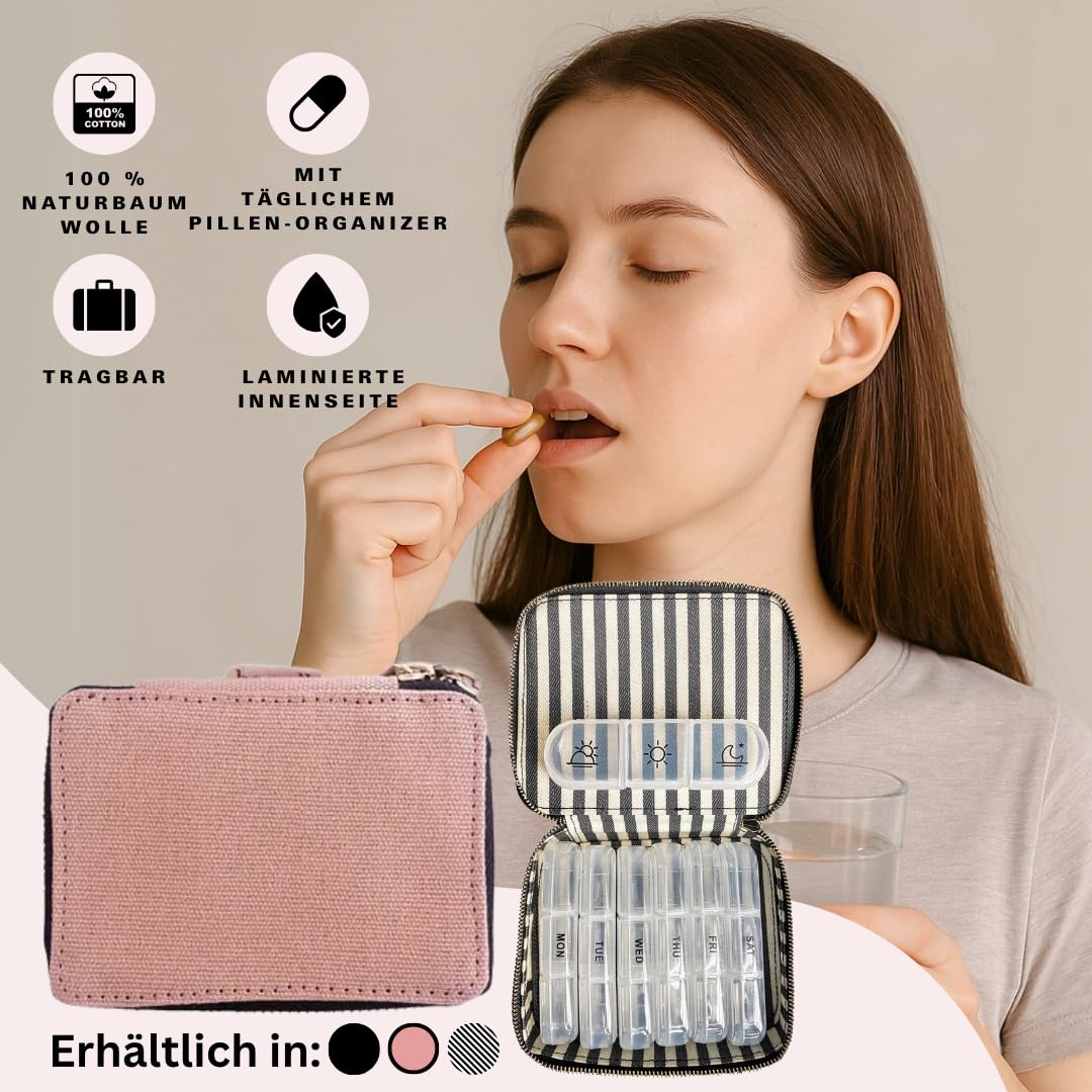 Bag-all Large Pill Große Pillenbox Reise | Tablettenbox mit Wochendosierer | Medikamenten Organizer aus Baumwolle mit Reißverschluss | Reiseapotheke Tasche mit Tagesfächern | Rosa