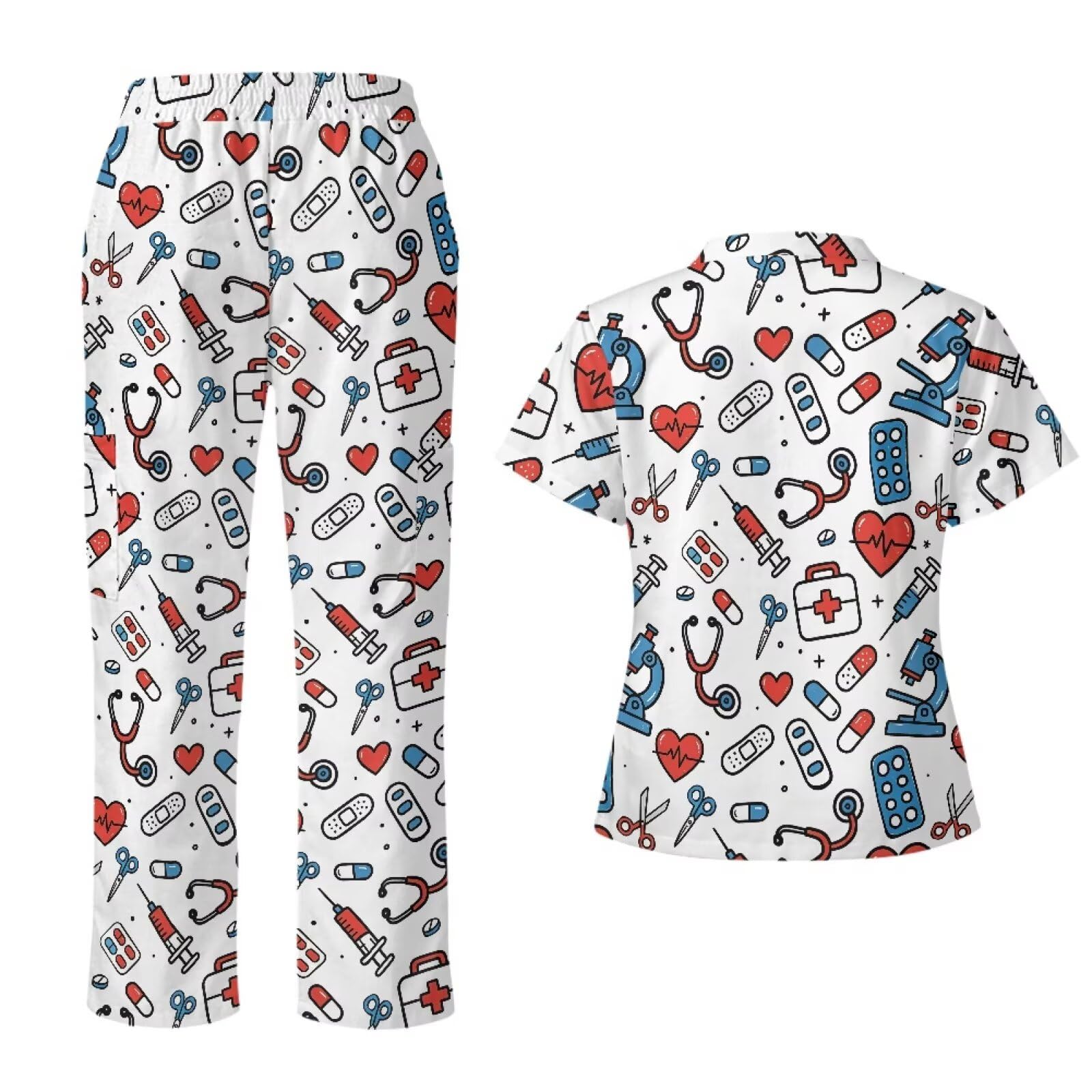 Set di scrub con stampa carina con scollo a V e pantaloni a gamba dritta con 6 tasche, per infermieri, abbigliamento da lavoro, facile da pulire