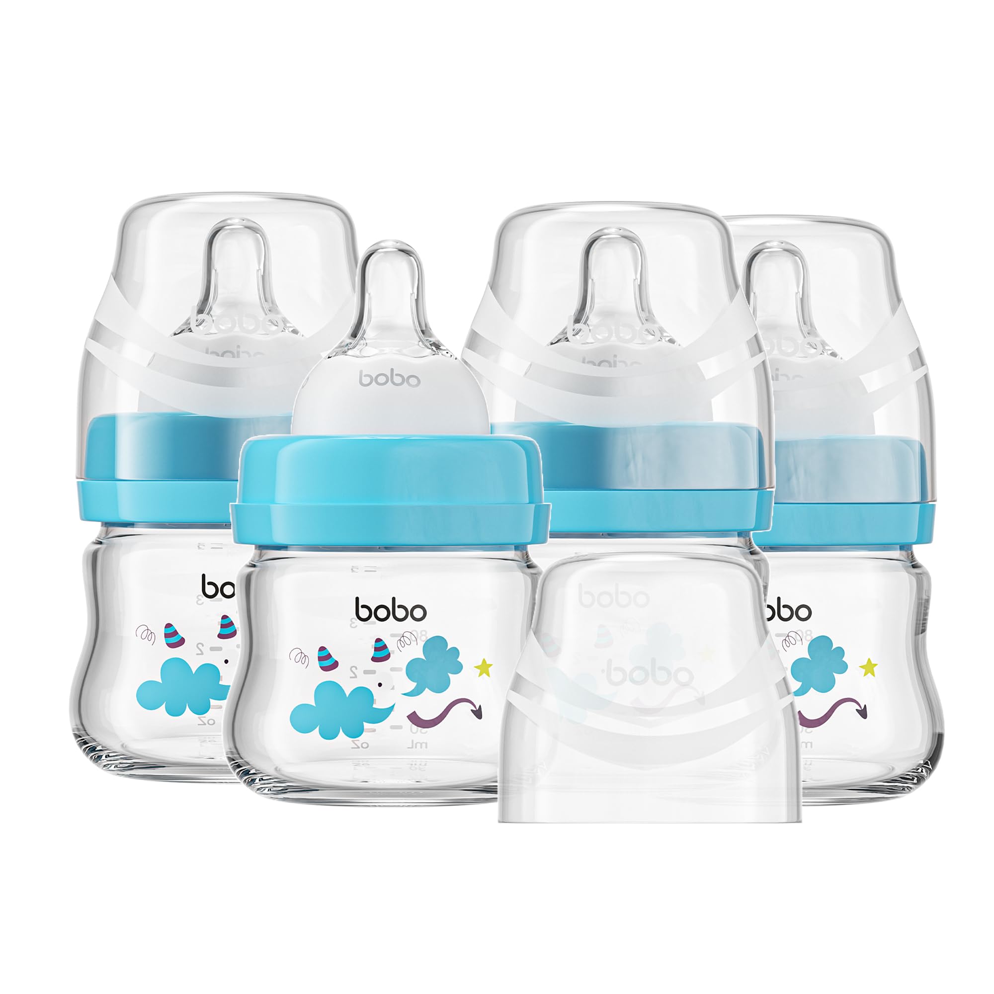 YOHKOH Glass Baby Bottles with Slow Flow Nipple, Newborn Anti-Colic Baby Bottles for 0+ Months, Wide Neck Feeding Bottle, Clear (Blue, 2.7oz (Pack of