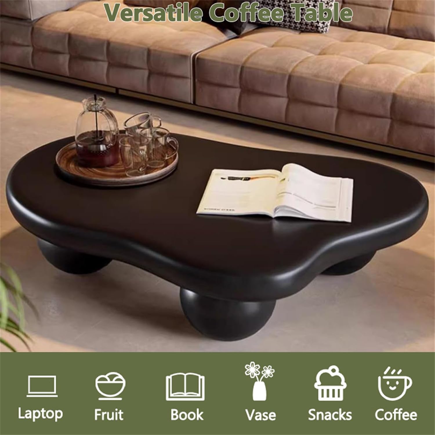 Cloud Coffee Table for Living Room with Round Corners Modern Style Center Table with 3 Ball-Shaped Legs Wood Tea Table for Small Space Apartment Easy Assembly (Black W48 * D36 * H14inch)