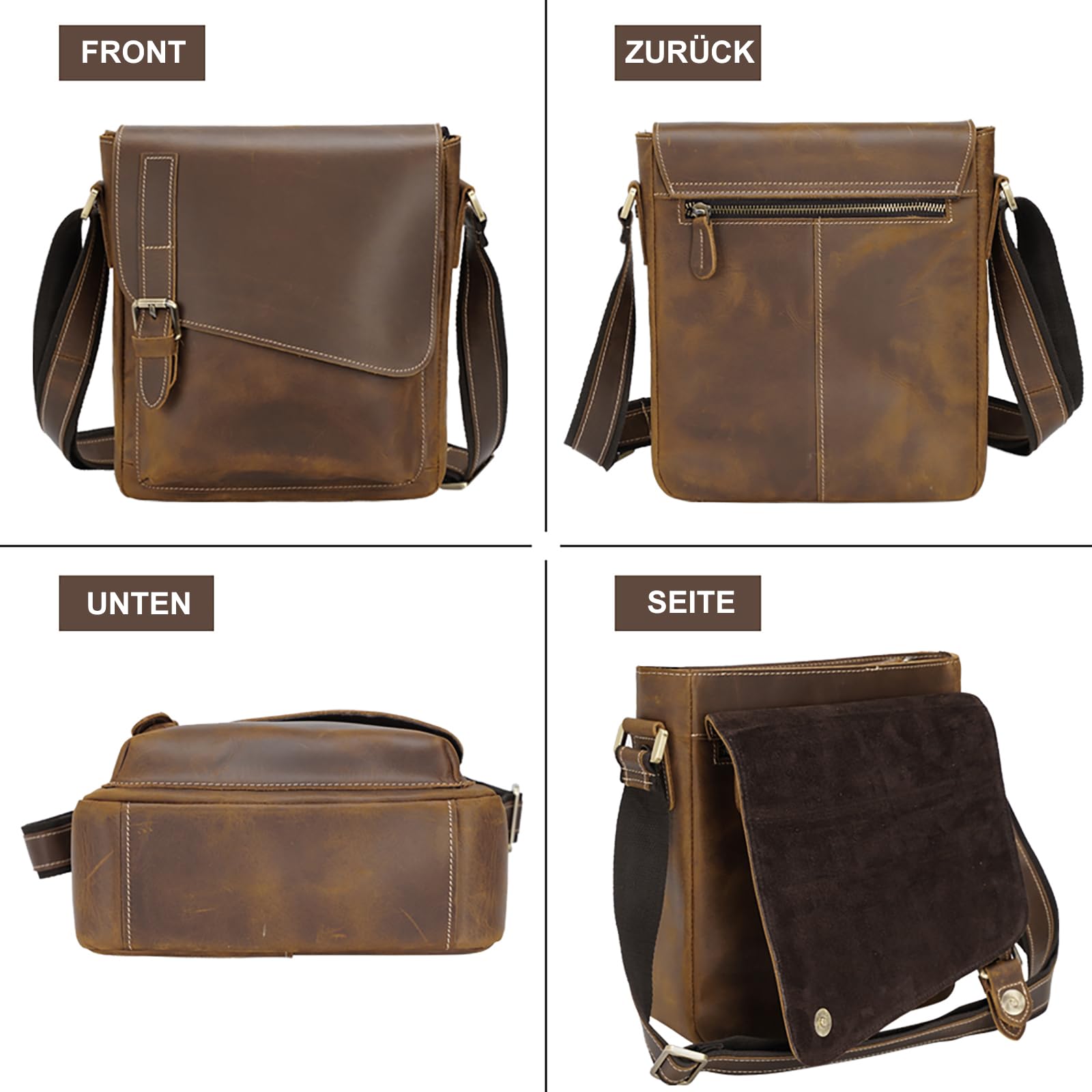 TIDING Leder Umhängetasche Herren Klein Schultertasche Vintage Herrentasche 9,7 Zoll iPad Tasche Messenger Bag aus Echtleder Tragetasche für Männer, Hellbraun