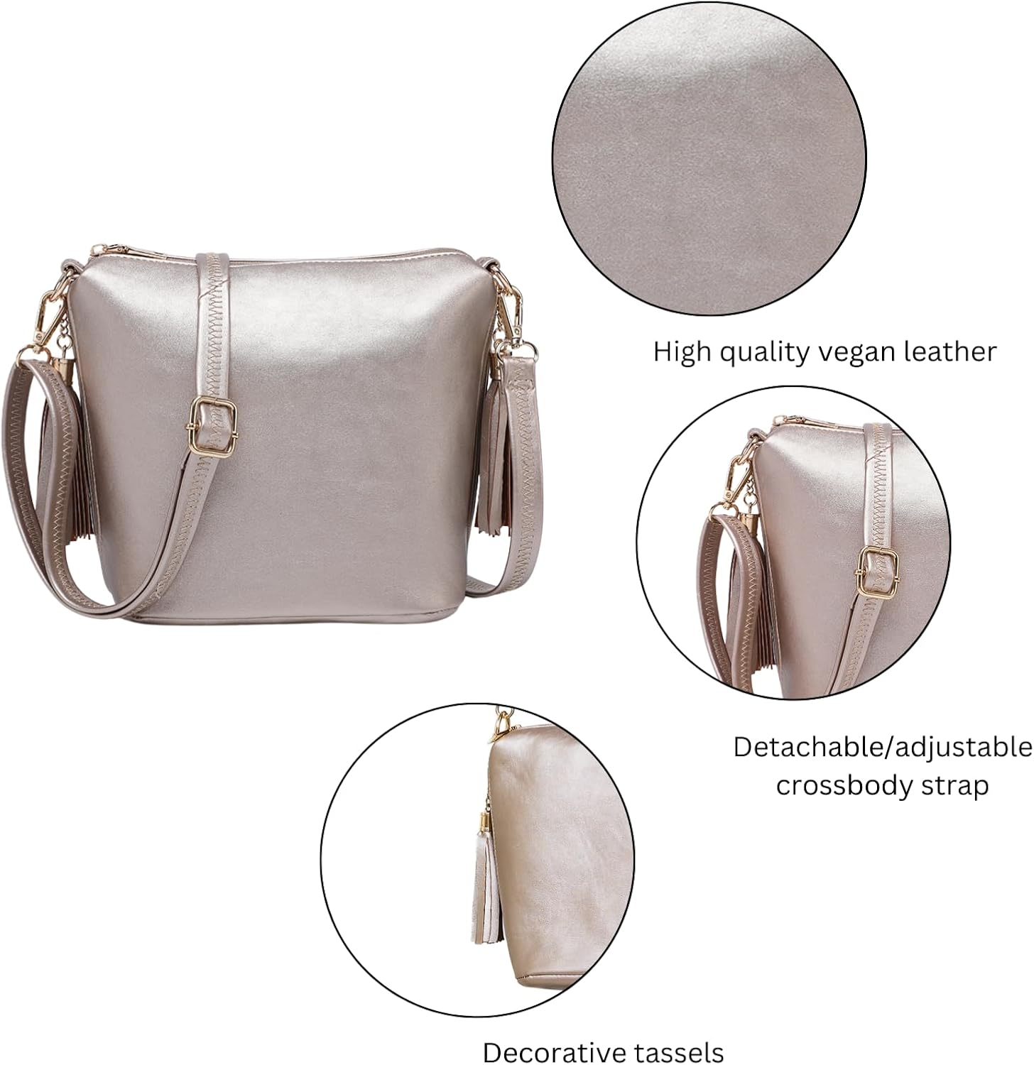 JEN & CO. Dylan Vegan Leather Crossbody Bags for Women Trendy Purses Shoulder Handbags with Adjustable Strap & Tassel Zippers