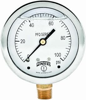 Winters 2.5" Glycerin Filled Pressure Gauge 0-100 PSI, 1.5% Accuracy, 304 SS Case, 1/4" NPT Bottom Mount - Industrial Brass Internals