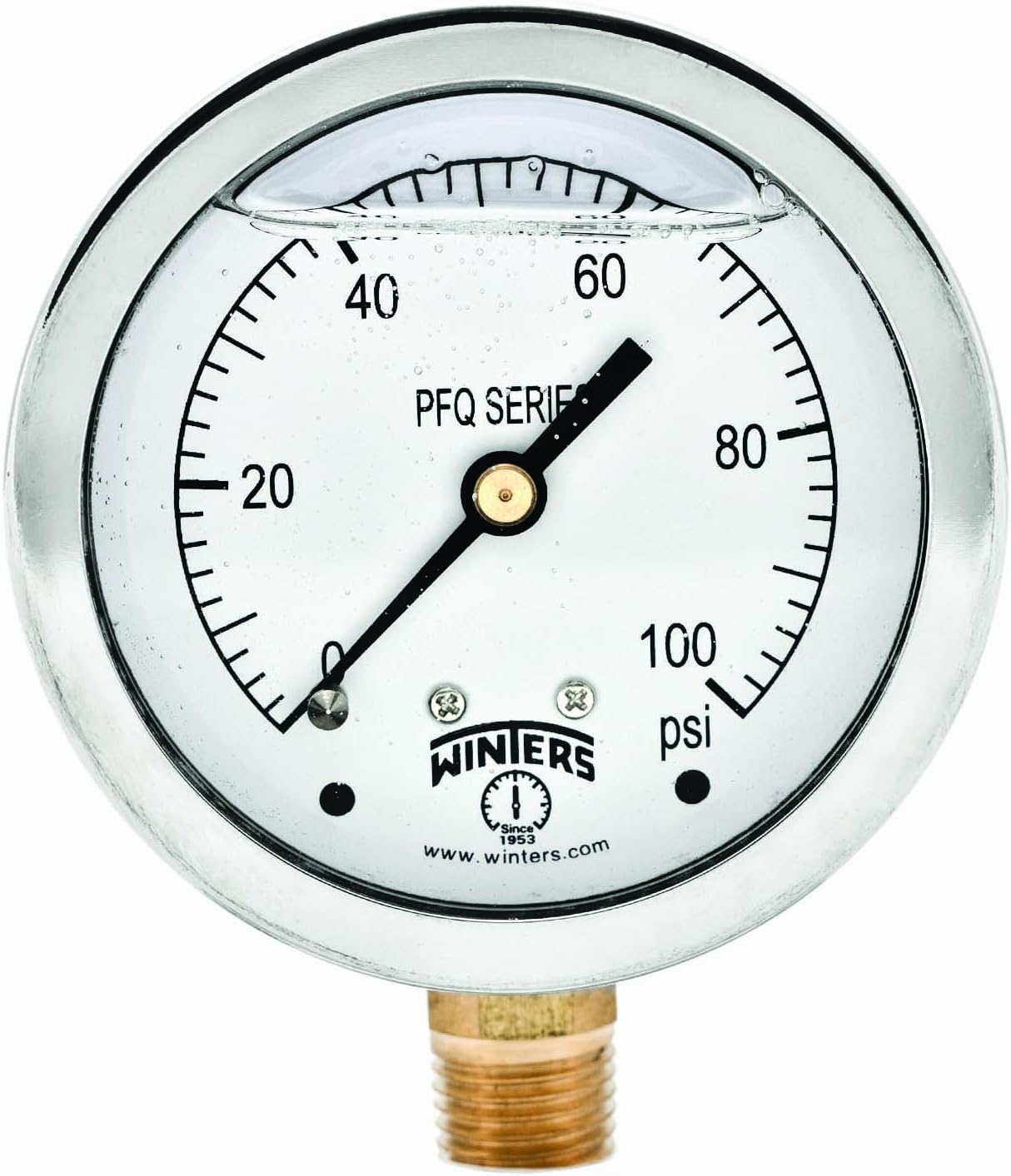 Winters 2-1/2" Dial Size, Liquid Filled Industrial Pressure Gauge, Brass Internals, 304 Stainless Steel Case, Single Scale 0-100 psi, 1.5% Acc, 1/4" NPT Bottom Mount, Glycerin Filled Pressure Gauge