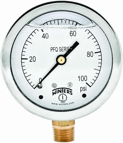 Winters 2-1/2" Dial Size, Liquid Filled Industrial Pressure Gauge, Brass Internals, 304 Stainless Steel Case, Single Scale 0-100 psi, 1.5% Acc, 1/4" NPT Bottom Mount, Glycerin Filled Pressure Gauge