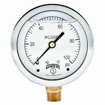 Winters 2-1/2" Dial Size, Liquid Filled Industrial Pressure Gauge, Brass Internals, 304 Stainless Steel Case, Single Scale 0-100 psi, 1.5% Acc, 1/4" NPT Bottom Mount, Glycerin Filled Pressure Gauge