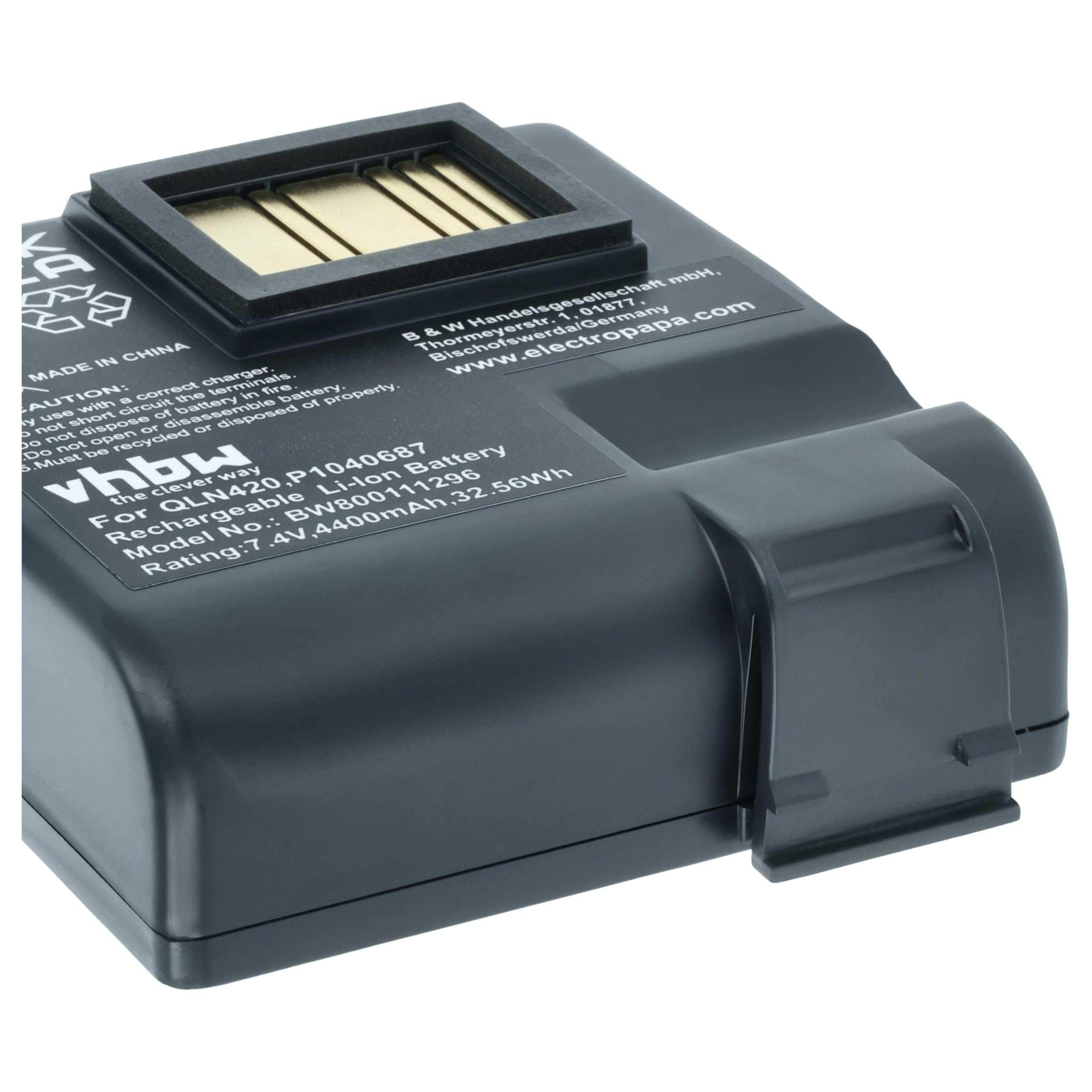 vhbw Akku kompatibel mit Zebra QLN420, ZQ630 Drucker Kopierer Scanner Etiketten-Drucker (4400 mAh, 7,4 V, Li-Ion)