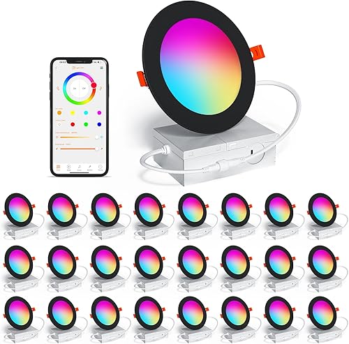 Miniatura 10 de Iluminación empotrable inteligente de 4 pulgadas que cambia de color LED de 12 W, luz de techo empotrada de 1000 lúmenes compatible con Alexa, RGB y