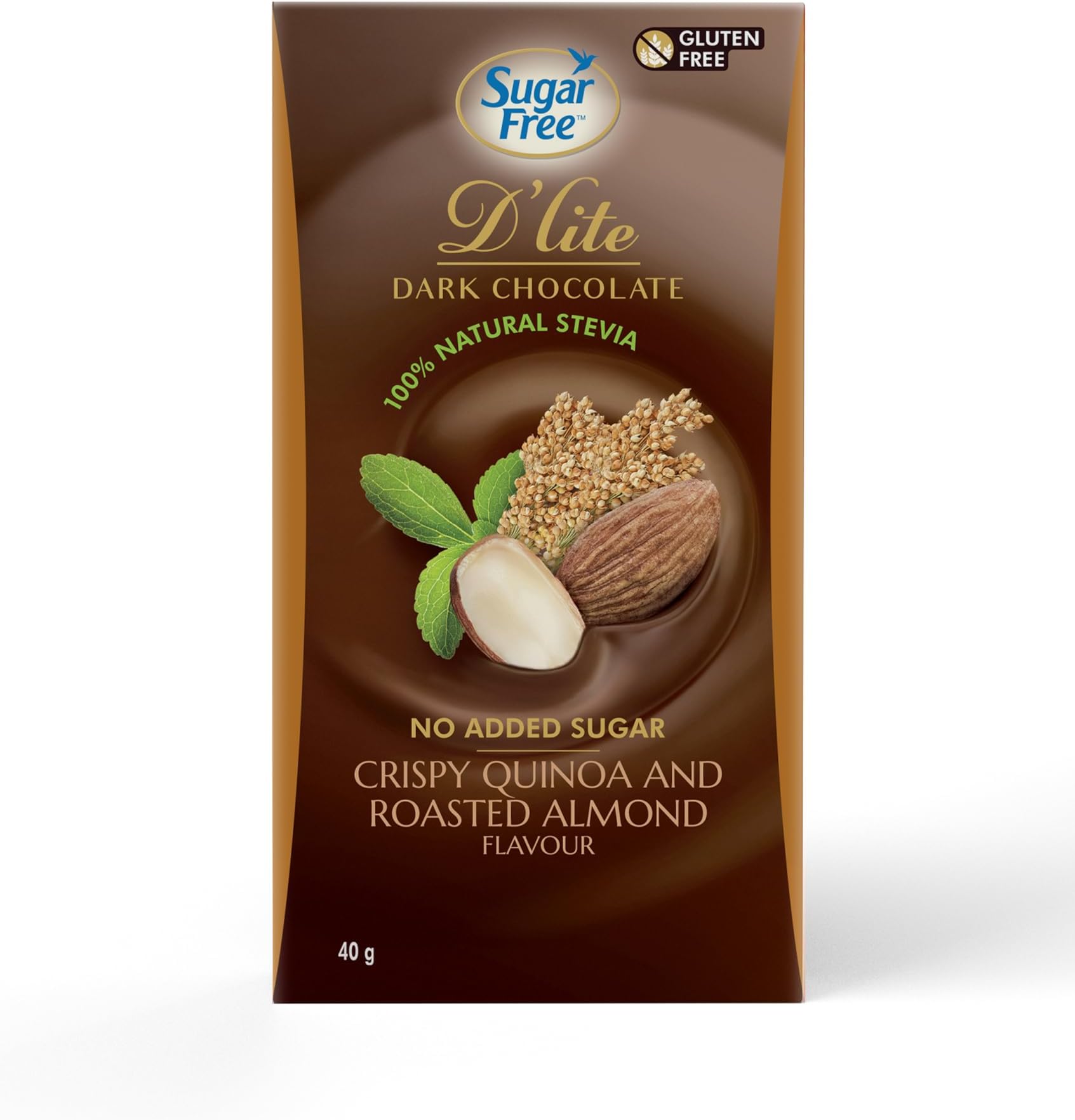 Sugar Free D'lite Dark Chocolate | Quinoa & Almond Dark Chocolate Bar | 40g | No Added Sugar | Naturally Sweetened with Stevia