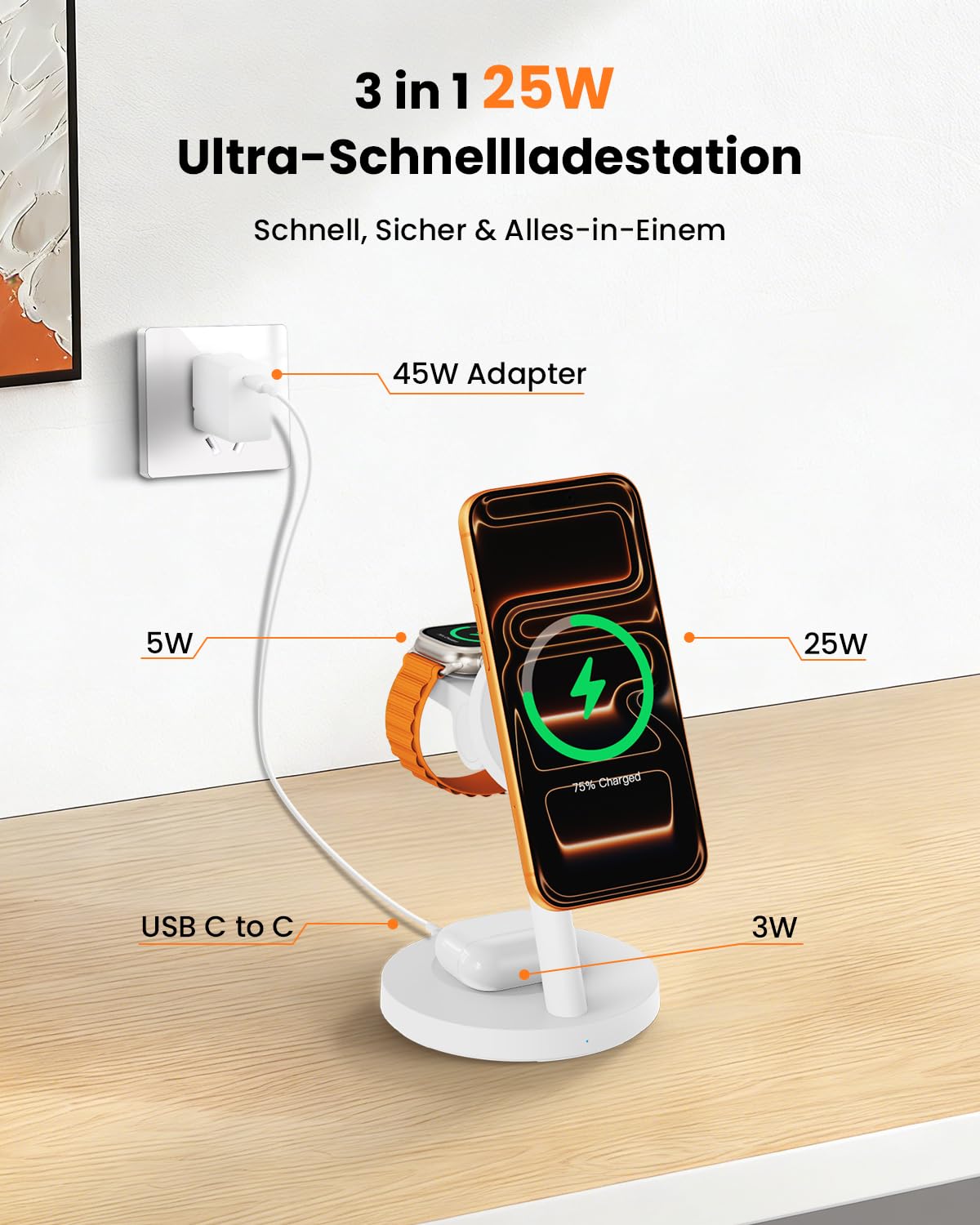 JoyGeek - Caricabatterie wireless Qi2.2, 25 W, 4 in 1, stazione di ricarica rapida magnetica per S26/S25 Ultra/Z Fold Flip7, Watch 8 Ultra/7/6/5 & Buds 4/3 Pro, alimentatore di rete da 45 W incluso