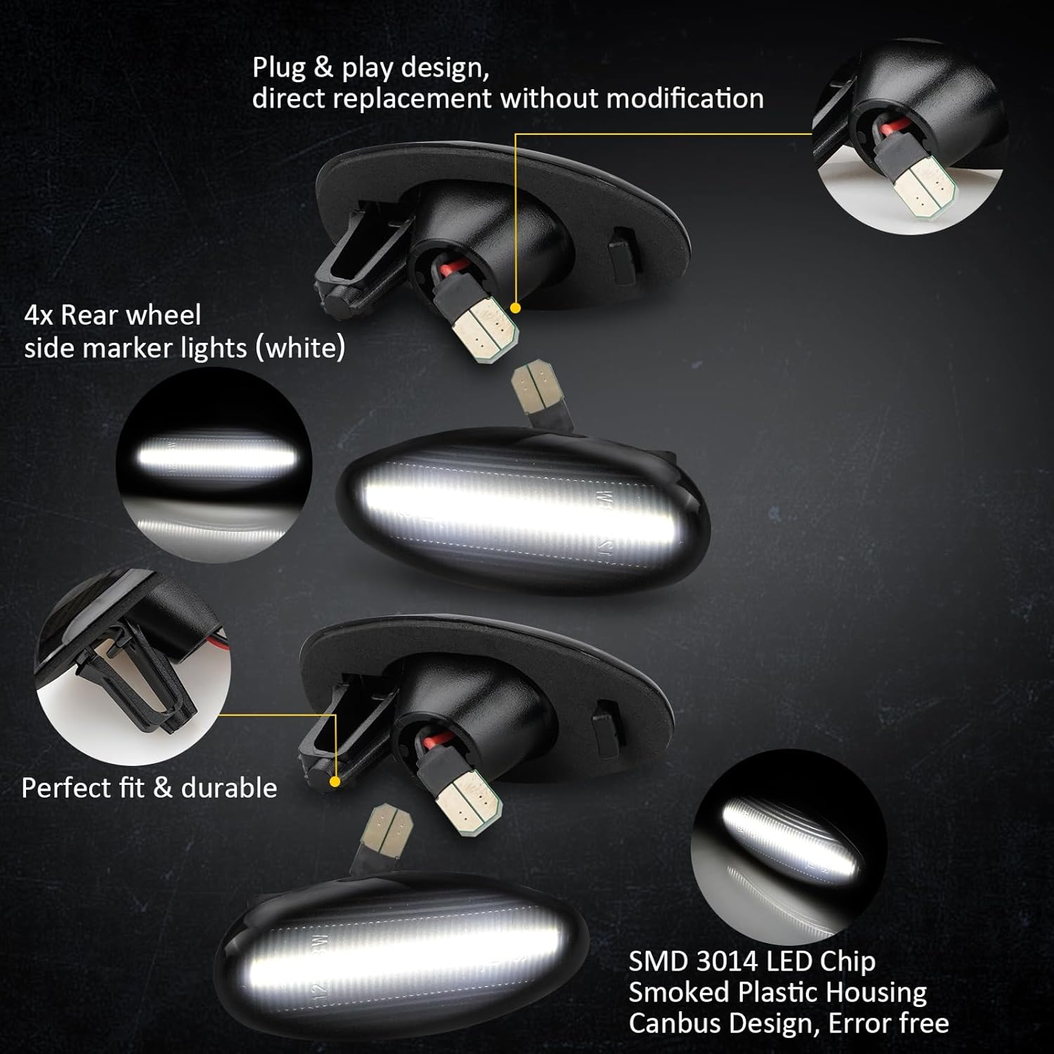 Bestview White LED Dually Side Marker Lights for 2001-2014 Chevy Silverado GMC Sierra 2500 3500 Dual Rear Wheel Bed Marker Lamps,Smoked Len(Pack of 4)