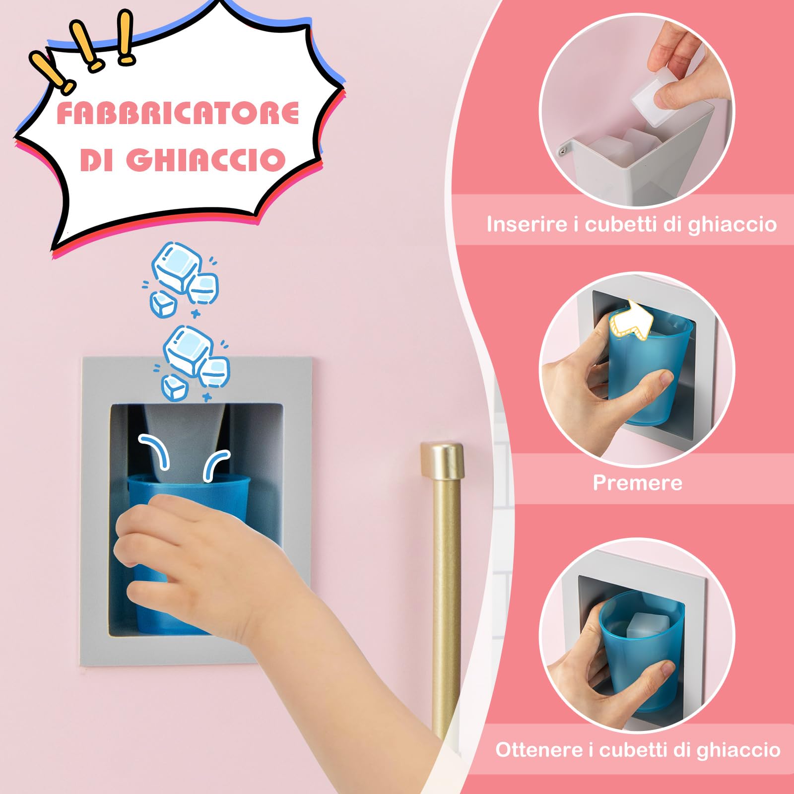 RELAX4LIFE Cucina Giocattolo per Bambini, Mini Cucina in Legno con Luci e Suoni Reali, Utensili da Cucina, Set Giocattoli per Bambini 3+ Anni, 30 x 92 x 98 cm (Rosa)