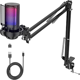 Gaming USB Microphone for PC，Podcast Microphone Kit for Streaming, Condenser Mic with Quick Mute, Boom Arm, Pop Filterm, RGB Indicator, Shock Mount, Rotate gain button, Compatible with PS4/5/PC