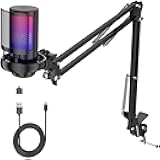 Gaming USB Microphone for PC，Podcast Microphone Kit for Streaming, Condenser Mic with Quick Mute, Boom Arm, Pop Filterm, RGB Indicator, Shock Mount, Rotate gain Button, Compatible with PS4/5/PC