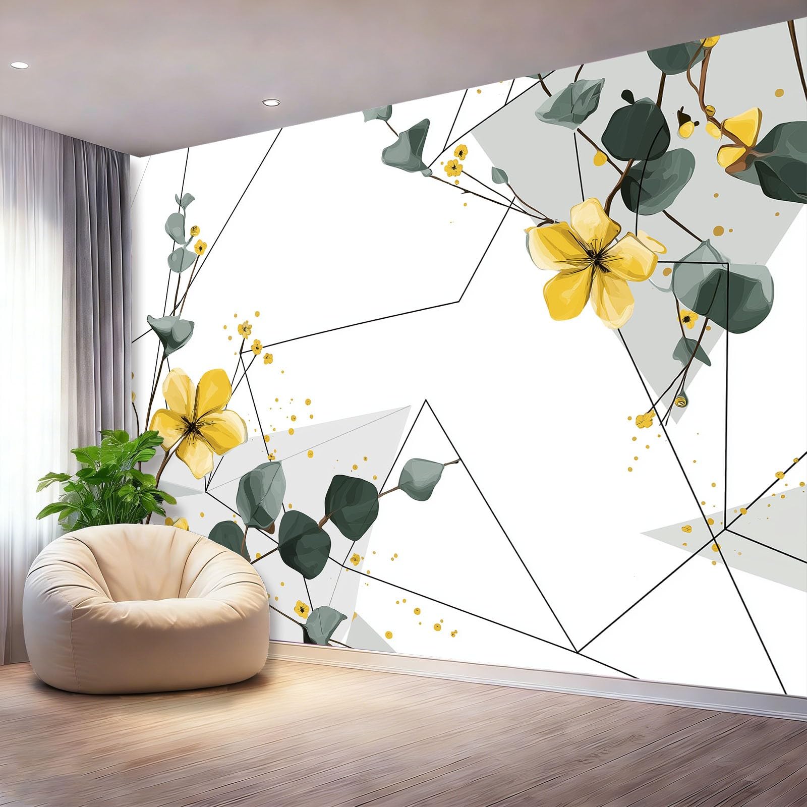 Papier peint géométrique blanc floral pour salon et chambre moderne et lumineux