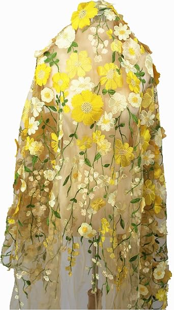 1 Yard Yellow 3D Flowers Heavy Embroidery Lace Floral Fabric for Sewing Dresses Jacket Jeans Yellow Mesh,1 Yard