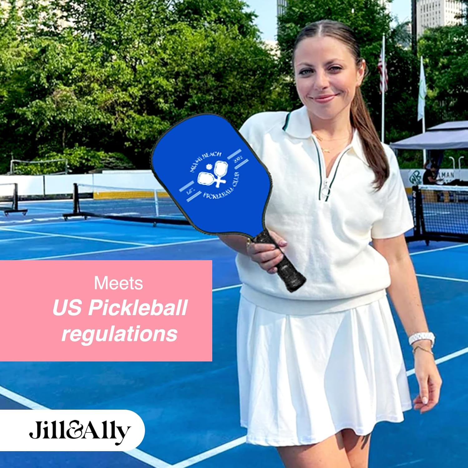 Jill & Ally Miami Beach Blue Pickleball Paddle, Carbon Fiber Materials, 16.5” x 7.5", Extra Long Handle, Vegan Leather PU Grip, Unique Edge Guard All Skills