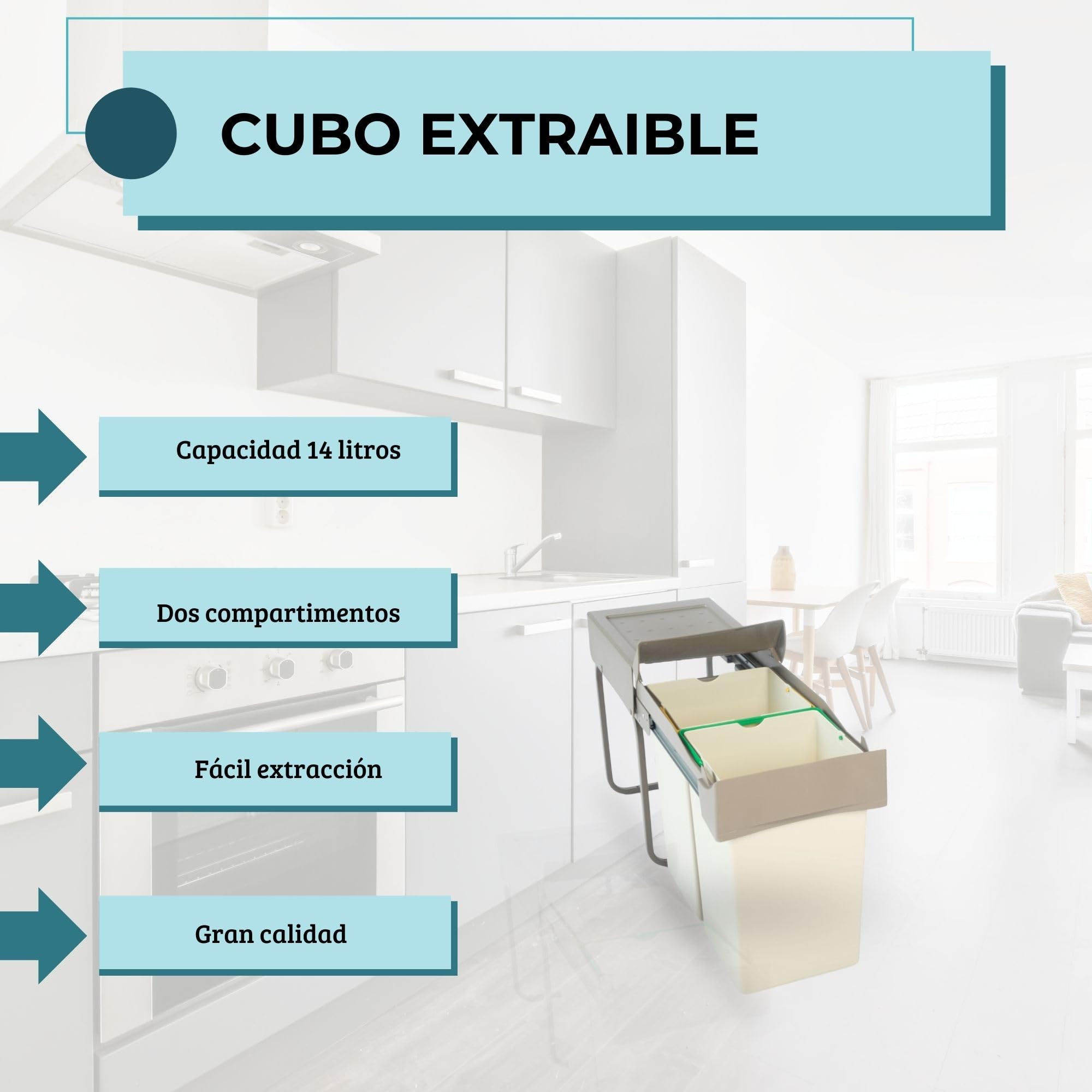 AZERODESIGN-Cubo Basura-Cubo de Basura Cocina-Cubos de Basura de Reciclaje-2 Compartimentos de 7L- Módulo 30 cm-40x45x25,5 cm-Sistema Guías Extraíbles de Acero-Fijación Inferior-Material Plástico PVC