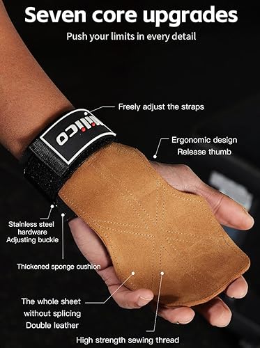 Miniatura 6 de Guantes de cuero para levantamiento de pesas, correas de muñeca para levantamiento de pesas, correas de levantamiento de pesas ajustables, agarre de