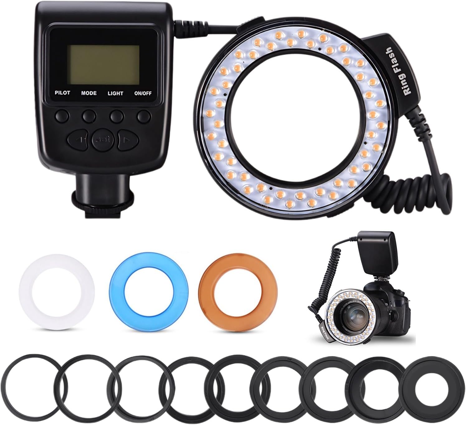 Macro LED Ring Flash, 48pcs LED Beads, 3 Color Diffuser, 9 Adapter Rings, 7 Brightness, 4 Modes, Camera Lens Flash for Fuji Pentax and Other DSLR Cameras