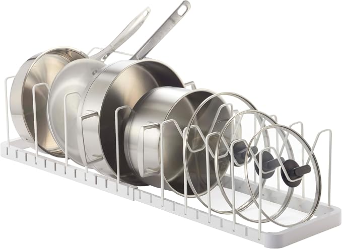 YAMAZAKI home 3840 Adjustable Lid & Pan Organizer-Kitchen Drawer Storage Shelf Rack, One Size, White