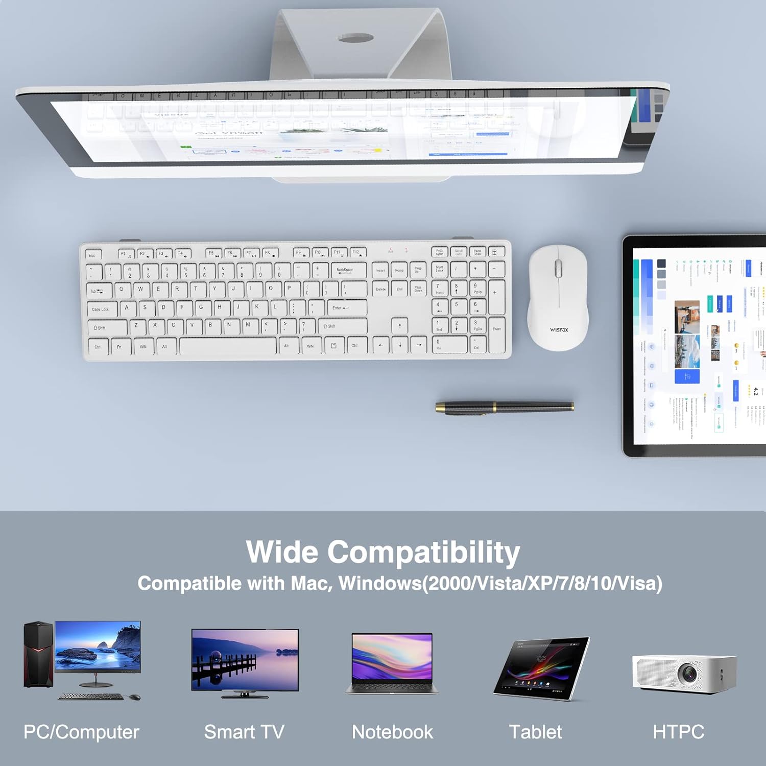 Diagram showing compatibility with various devices: PC, Smart TV, Notebook, Tablet, HTPC