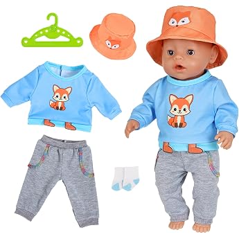 5 St ck Baby Puppen Puppenkleidung 35-43 cm Kleidung Outfits f r 14-18 Zoll Baby Puppen 1 Kapuzenpullover mit Fuchs-Muster 1 Hose 1 Baskenm tze 1 Kleiderb gel Socken Kleidung Geschenke f r Kinder