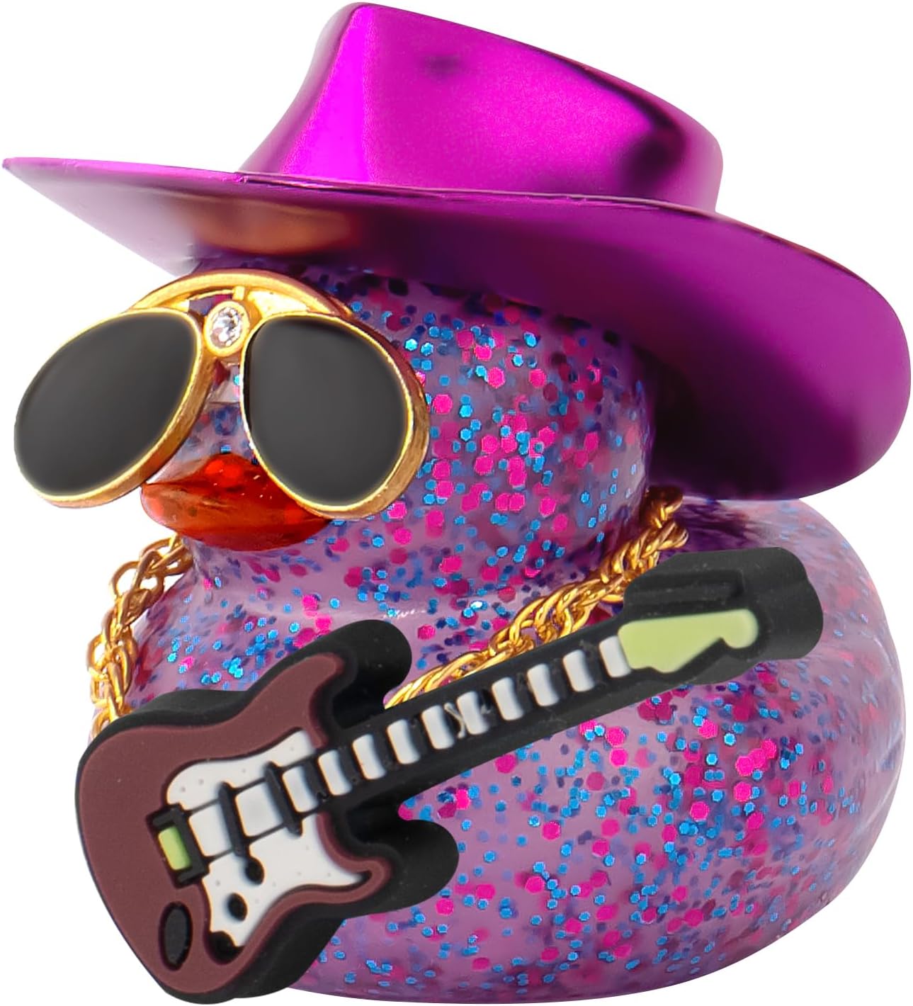 wonuu Car Decorations Laser Cowboy Hat Rubber Ducks, Dashboard Rubber Ducky for Car Ornament Cute Duck with Hat, Glasses, Necklace, Guitar (Glitter Purple)