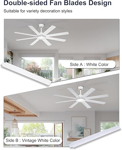 Miniatura 2 de Ventiladores de techo de 60 pulgadas sin luces, ventilador de techo blanco de 8 aspas, control remoto/aplicación, ventilador de techo reversible