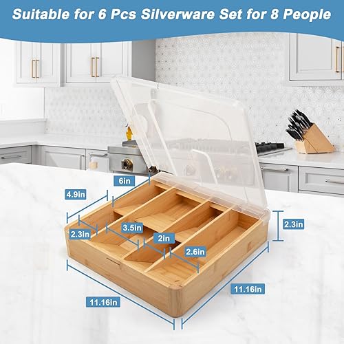 Miniatura 6 de YICOCHI Soporte para utensilios para encimera con tapa, bandeja de cubiertos de bambú para cajón, organizador de cubiertos de 7 compartimentos con