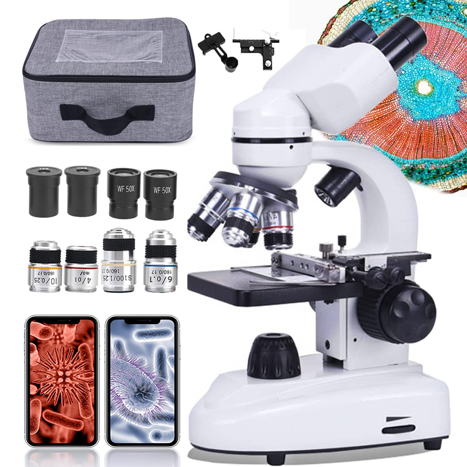 Microscopio De InvestigacióN De Laboratorio Profesional (30000X- 50000X-70000X), Microscopio Compuesto para Adultos/Estudiantes, Luz LED Ajustable, Ajuste Coaxial Grueso Y Fino,50000X