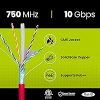 Vista 2 de TRUE CABLE Cable Ethernet a granel de elevación blindada Cat6A, 1000 pies, rojo, cobre sólido desnudo 23 AWG, 750 MHz, F/UTP, PoE++ 100 W