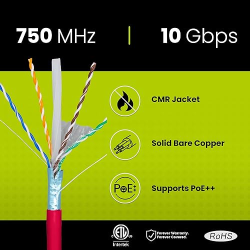 Miniatura 2 de TRUE CABLE Cable Ethernet a granel de elevación blindada Cat6A, 1000 pies, rojo, cobre sólido desnudo 23 AWG, 750 MHz, FUTP, PoE++ 100 W,
