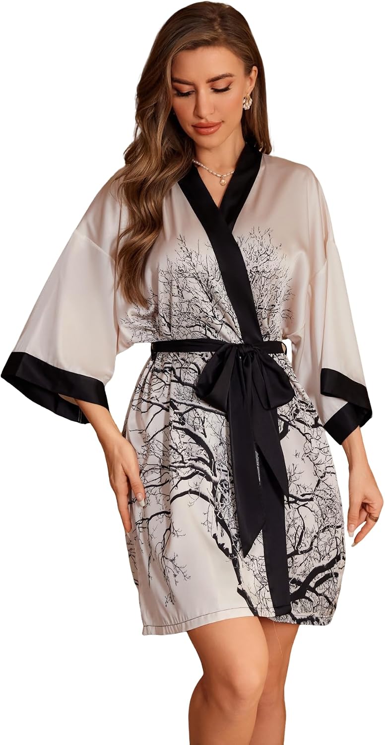 Women’s Satin Robe Short Lightweight Kimono Silk Soft Summer Bathrobe Floral Luxury House Robes