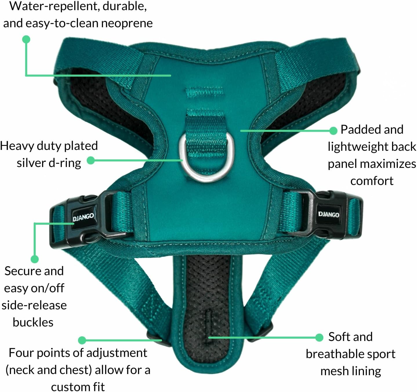 DJANGO Tahoe No Pull Dog Harness – Escape-Proof Dog Harness for Large & XL Dogs with Front & Back Clips for Everyday Use – Adjustable, Padded, Reflective, Secure, Easy On/Off – Dark Teal Green, XXL