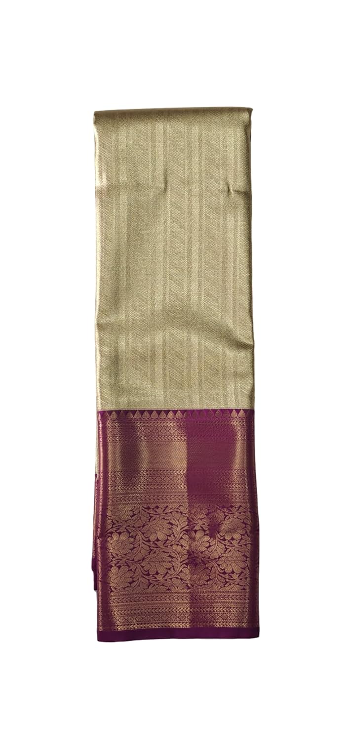 Traditional Kanjivaram pure Silk Saree, Gold with Purple Border, Mysore Floral Zari Design, Reception wear, Original Silk. - Review, Price and Buying Guide